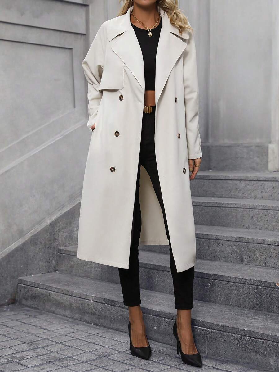 SHEIN Frenchy 西裝領雙排釦腰帶風衣外套 - 卡其色 - 查看 1