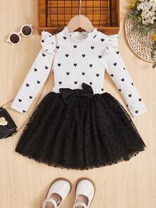 SHEIN Young Girl Heart Print Ruffle Trim Tee & Bow Front Mesh Skirt - Black and White - View 3