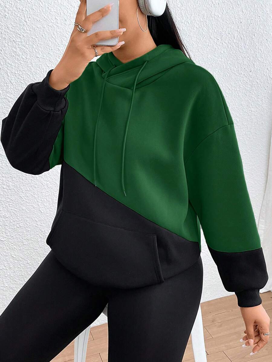 SHEIN EZwear Áo nỉ hai tông màu cỡ lớn, vai rớt, có dây rút - Màu xanh lá cây đậm - Xem 1