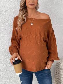 SHEIN 孕妇装船领蝙蝠袖毛衣，冬季 - 鏽棕色 - 查看 4