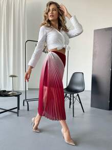 SHEIN Privé Ombre Print Pleated Skirt - Red - View 5