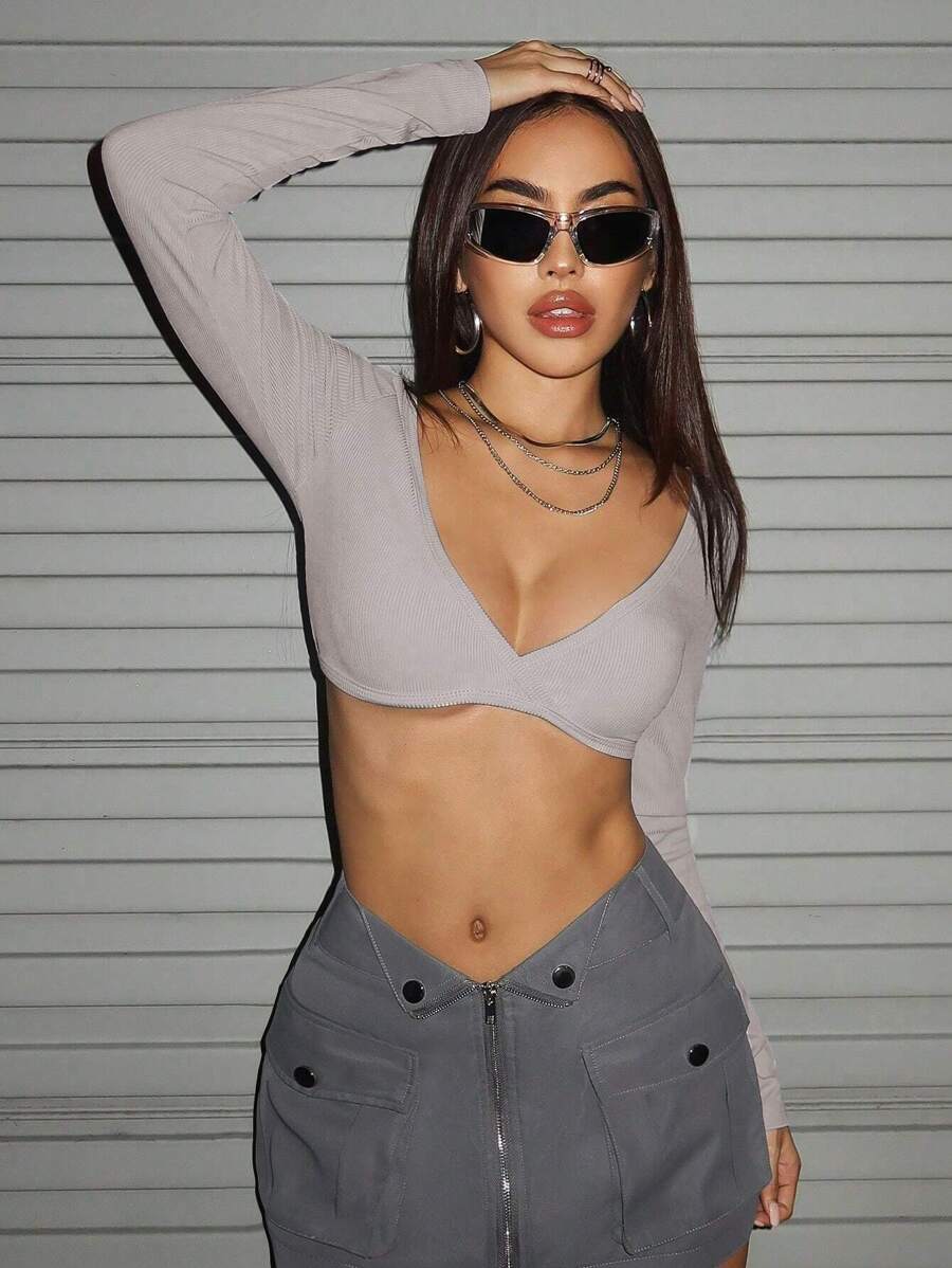 SHEIN ICON 素色短款上衣 - 淺灰色 - 查看 1