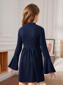 SHEIN Leap Crew Girls Textured Knit Stand Collar Flare Sleeve A-Line Vacation Dress - Navy Blue - View 2