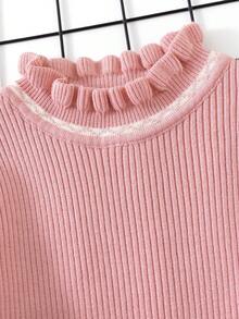 SHEIN 女小童木耳邊領荷葉袖套頭毛衣 - 粉色 - 查看 3