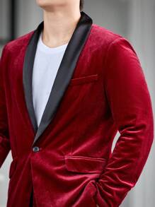 SHEIN 男士拼接面青果領絲絨西裝外套和褲子 - 酒紅色 - 查看 6