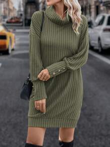SHEIN LUNE Cowl Neck Drop Shoulder Ribbed Knit Dress - Army Green - View 3