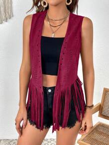 SHEIN VCAY 鏤空流蘇下擺開門襟夾克背心 - 酒紅色 - 查看 6