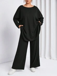 Auralis Plus Batwing Sleeve Solid Tee & Pants Spring - Black - View 5