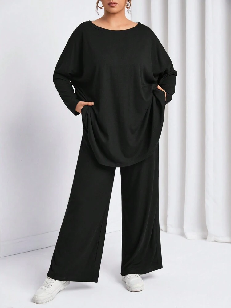 Plus Batwing Sleeve Solid Tee & Pants Spring
