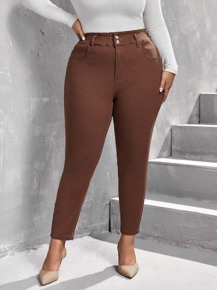 EMERY ROSE Women's Plus Size High Waisted Solid Color Skinny Jeans - Coffee Brown - View 1
