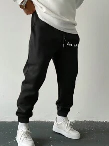 Manfinity Homme Men Letter Graphic Drawstring Waist Joggers - Black - View 2