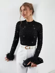 SHEIN Privé 毛茸茸袖口小高領T恤 - 黑色 - 查看 5