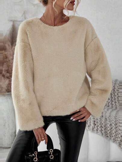 SHEIN Clasi Solid Drop Shoulder Teddy Tee Fall Cloth For Women