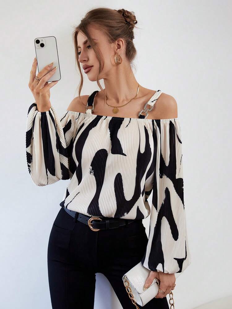 Graphic Print Cold Shoulder Lantern Sleeve Top