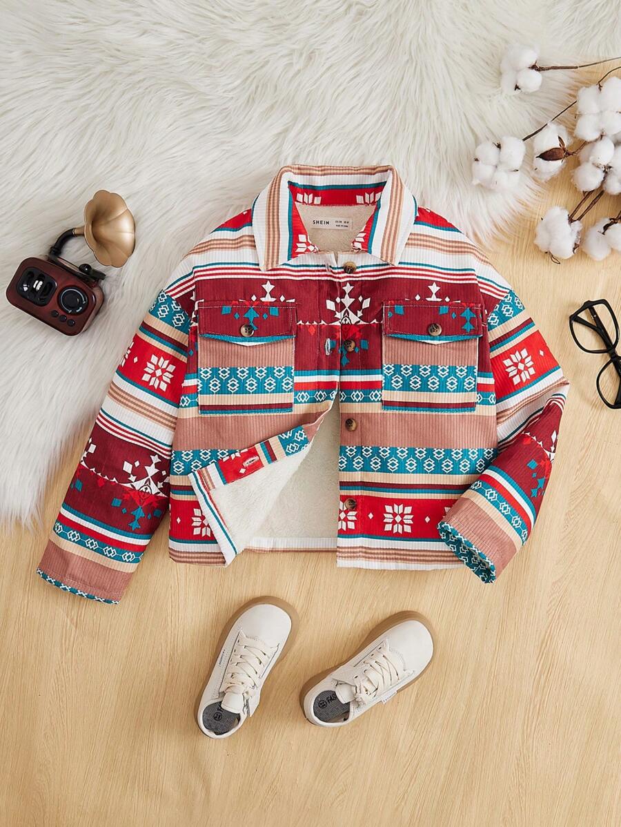 SHEIN Cô gái Tween In Địa lý Lót Teddy Áo khoác - Nhiều màu - Xem 1