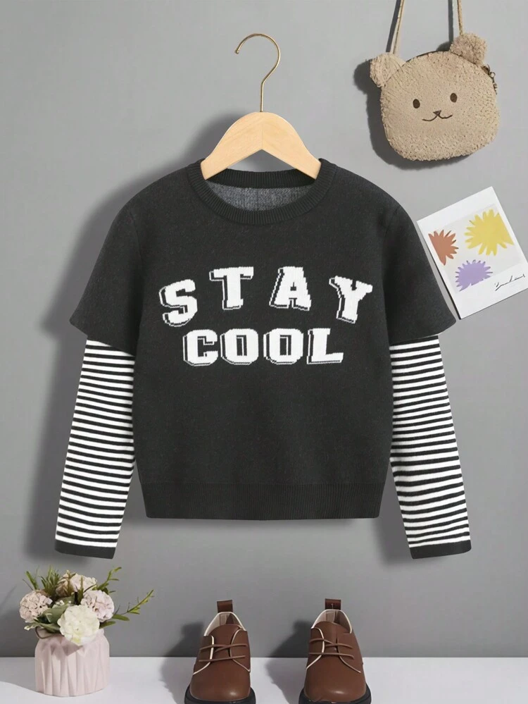 Tween Girl Striped & Letter Pattern 2 In 1 Sweater