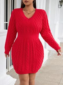 Calvaya Plus Cable Knit V Neck Sweater Dress Without Belt - Red - View 5