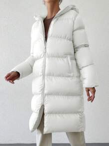 SHEIN Cottnline 女款中長款帽子蓬蓬外套 - 白色 - 查看 4