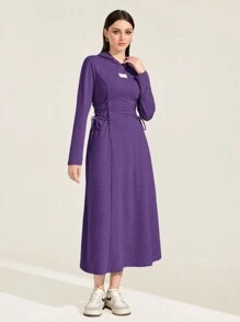 Mulvari 字母補丁細節腰部抽繩連帽洋裝 - 紫色 - 查看 3