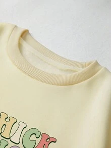 SHEIN EZwear 大碼標語圖案加絨內裏運動衫 - 黃色 - 查看 3