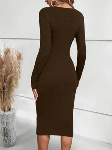 SHEIN LUNE Twist Front Bodycon Sweater Dress Without Belt - Brown - View 2