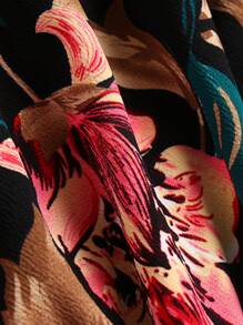 Plus Floral Print Drawstring Waist Curved Hem Coat - Black - View 3