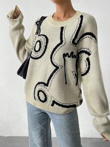 SHEIN Essnce Jersey con patrón de dibujos animados de hombros caídos - Albaricoque - Ver 4