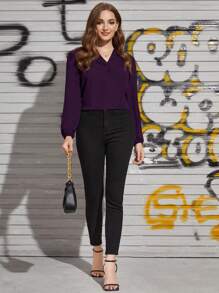 SHEIN Clasi 女士纯色V领长袖优雅办公衬衫 - 紫色 - 查看 5