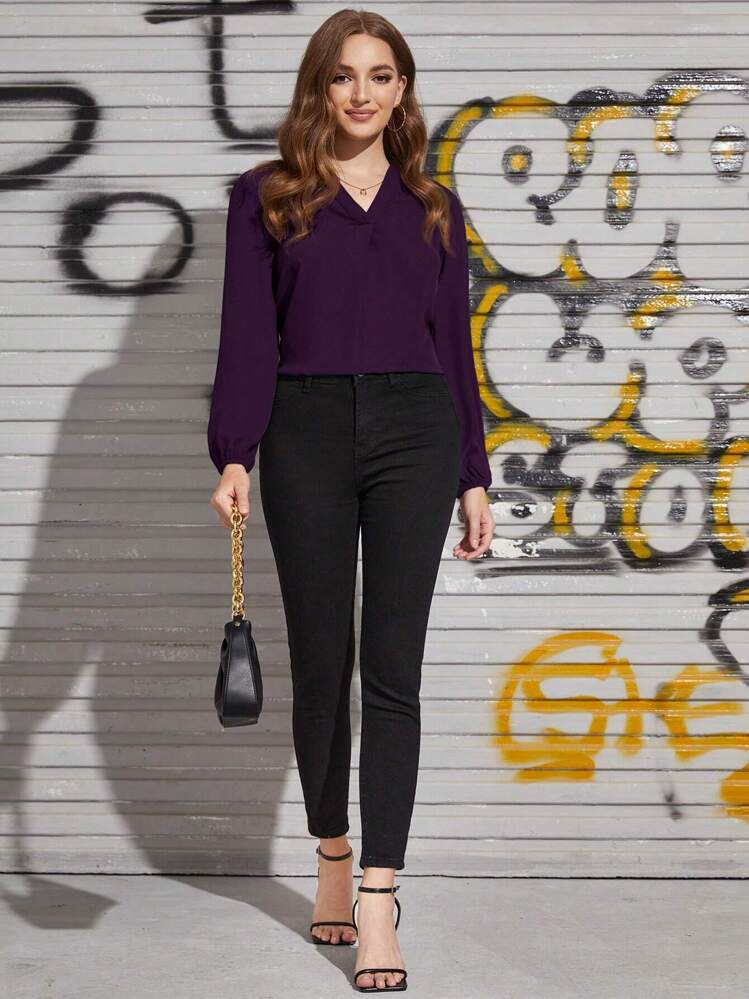 SHEIN Clasi قميص أنيق بياقة على شكل حرف V وأكمام طويلة للمكتب للنساء - الأرجواني - مشاهدة 5