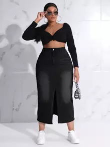 SHEIN SXY 大碼高腰高衩牛仔半身裙 - 黑色 - 查看 5