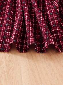 女嬰格紋印花荷葉邊喇叭袖前蝴蝶結假兩件洋裝 - 酒紅色 - 查看 5