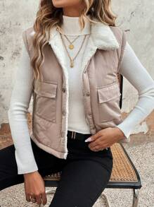 SHEIN Essnce 翻盖口袋泰迪熊衬里背心棉服外套衣服冬季 - 杏色 - 查看 1