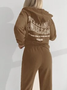 EURMUSE Letter Graphic Drop Shoulder Drawstring Hoodie & Sweatpants