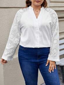 SHEIN Frenchy Plus Eyelet Embroidery Raglan Sleeve Notched Neck Blouse - White - View 1