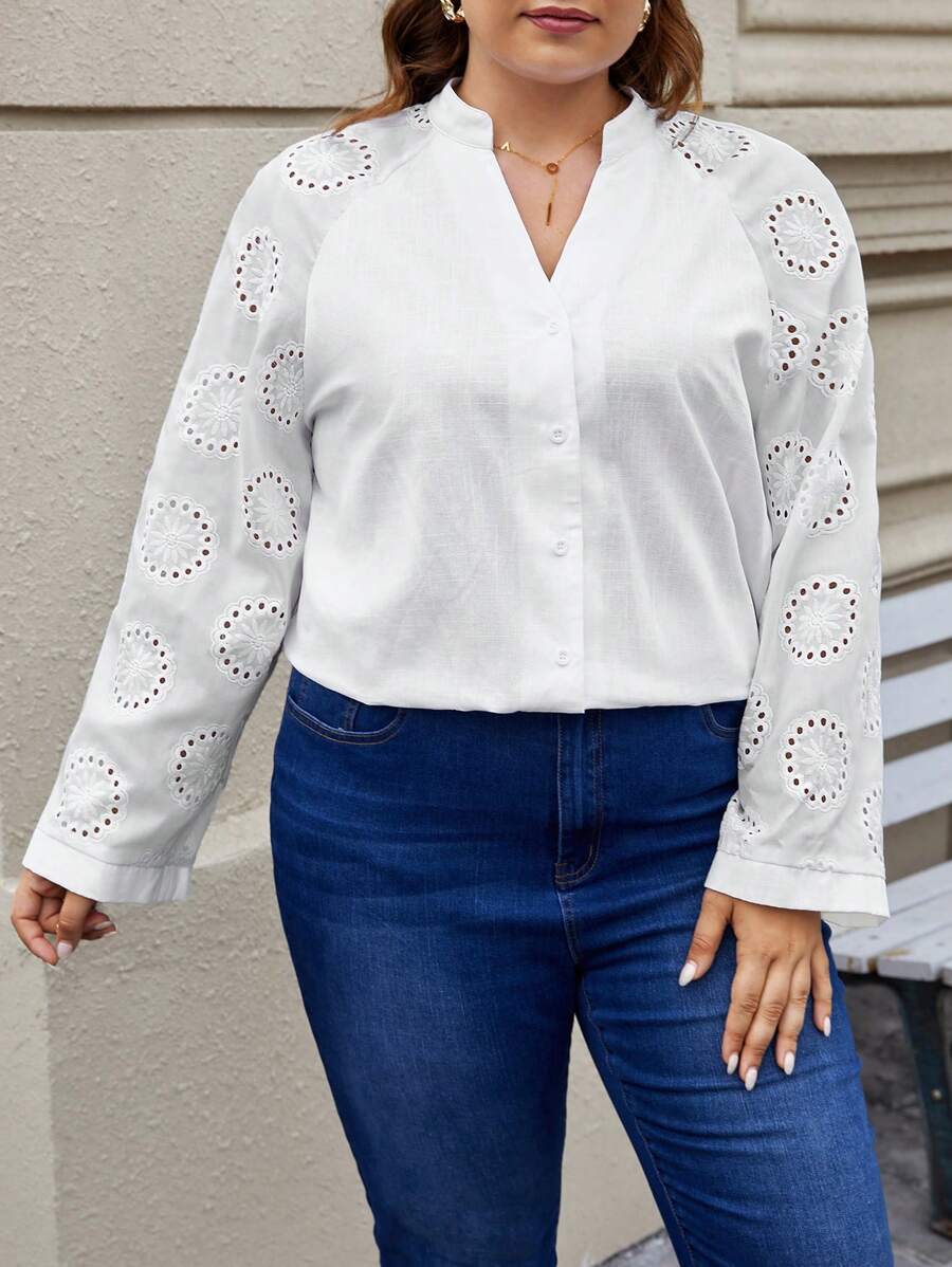 SHEIN Frenchy Plus Eyelet Embroidery Raglan Sleeve Notched Neck Blouse - White - View 1