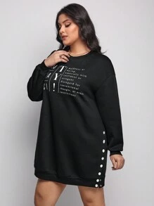 CHELITA LENICE 大碼標語圖案紐扣細節落肩袖衛衣洋裝 - 黑色 - 查看 4