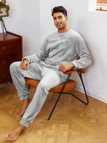 Men Solid Flannel PJ Set / Pajama Set - Light Grey - View 4