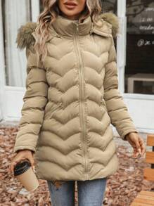 SHEIN Unity 毛绒装饰连帽拉链加厚棉服外套冬季 - 卡其色 - 查看 6