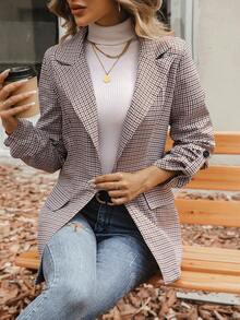 SHEIN Privé In kẻ sọc Tay áo cuộn Nút đơn Áo vest - Nhiều màu - Xem 5