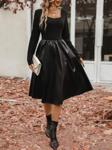 Chiquease Solid Scoop Neck PU Dress - Black - View 6