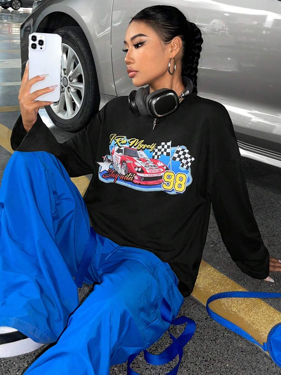 SHEIN EZwear Đồ họa ô tô và chữ cái Áo thun Thả vai - màu đen - Xem 1