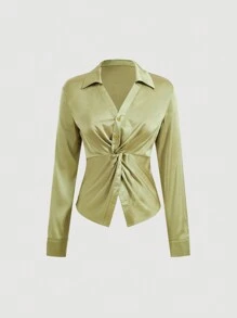 SHEIN MOD Solid Twist Front Satin Shirt - Green - View 1