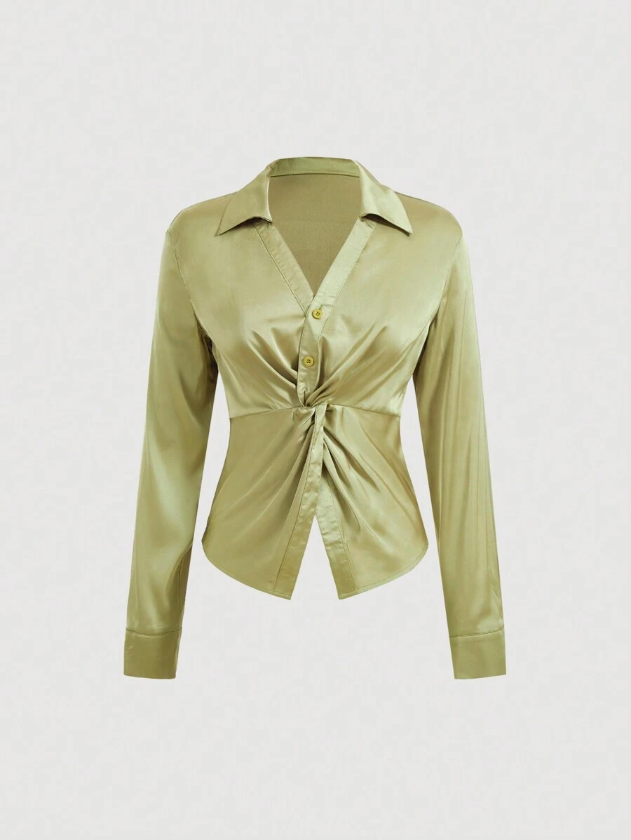 SHEIN MOD Solid Twist Front Satin Shirt - Green - View 1