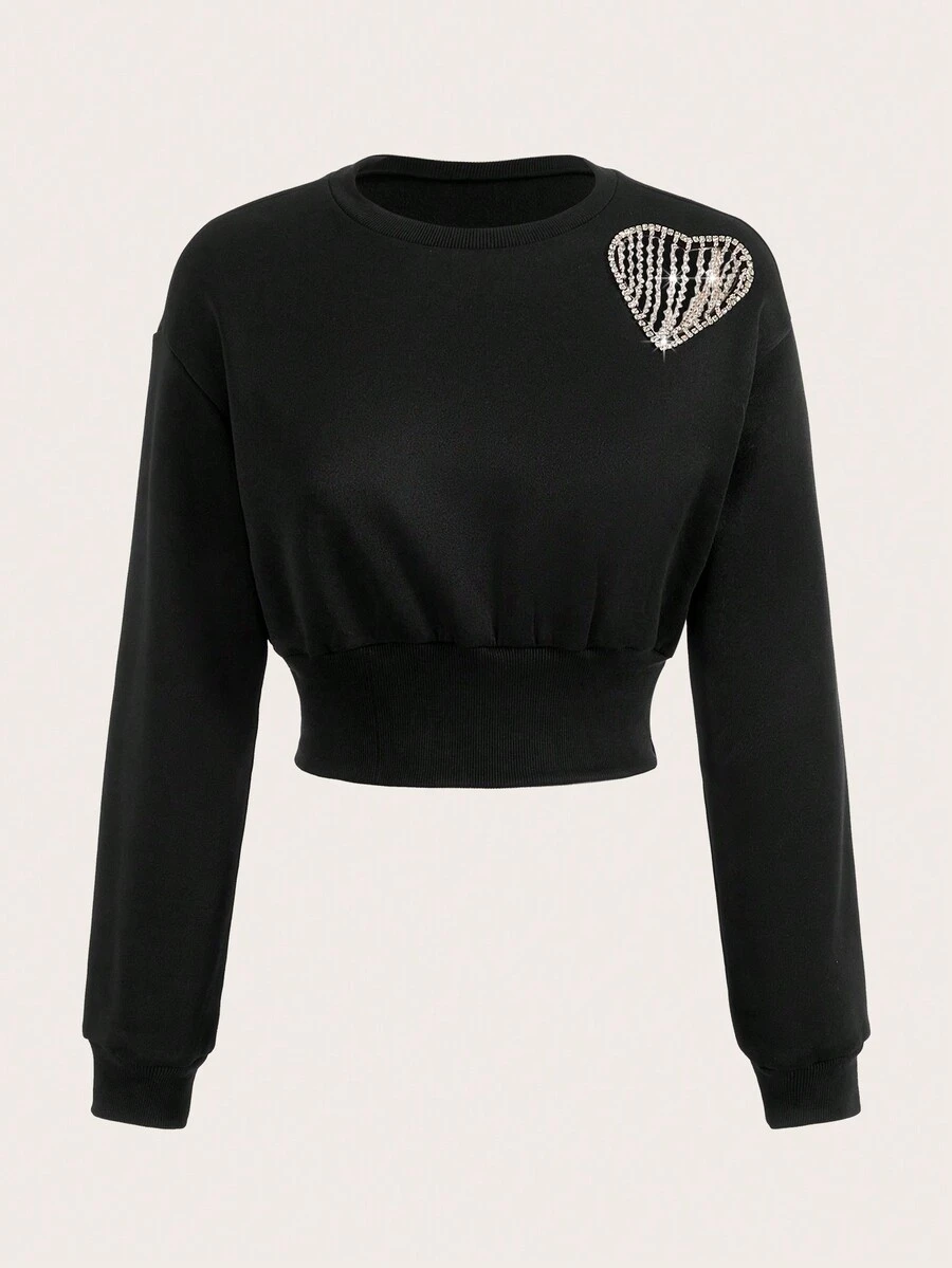 SHEIN ICON Rhinestone Heart Drop Shoulder Crop Sweatshirt - Black - View 1