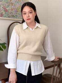 Dazy Petite Plus Solid Sweater Vest Without Blouse - Apricot - View 4