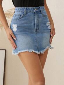 破洞毛邊牛仔半身裙 - 中等水洗藍 - 查看 3