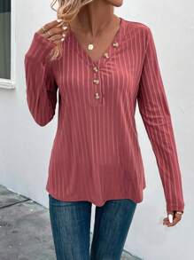 EMERY ROSE Button Front Ribbed Knit Tee - Pink - View 4