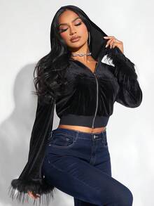 SHEIN SXY 毛絨袖口拉鍊短款黑色天鵝絨連帽衫 - 黑色 - 查看 6