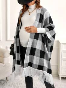 SHEIN 1pc Maternity Buffalo Plaid Pattern Fringe Trim Batwing Sleeve Cardigan - Black and White - View 1