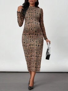 孕婦幾何印花修身連身裙 - 棕色 - 查看 6